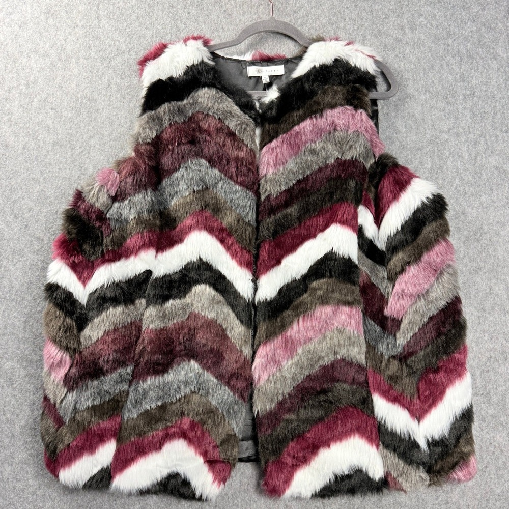 Fever Women Vest 1X Fur Burgundy Grey Zigzag Chevron Pattern Y2K Boho Hippie NWT